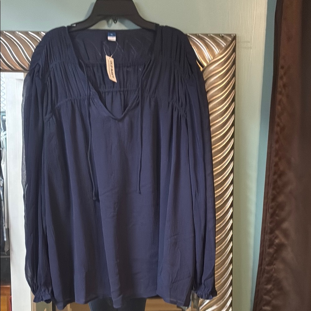 Old Navy Blue Long Sleeve Tie Front Blouse